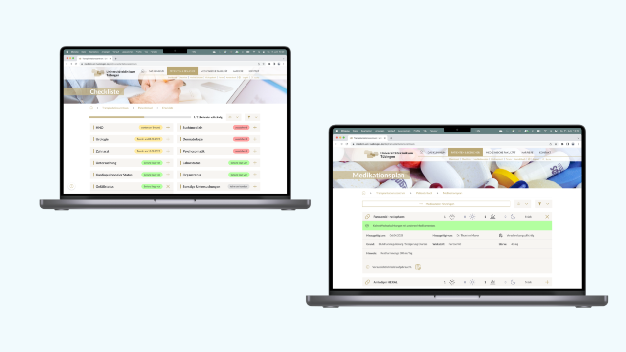 Bild 2: Screens Medikationsplan und Checkliste Prototyp Digitales Patiententool